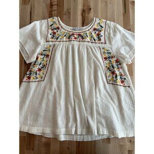 Women’s Short Sleeve Boho Embroidered Blouse Top Mexico Orange Yellow Floral M